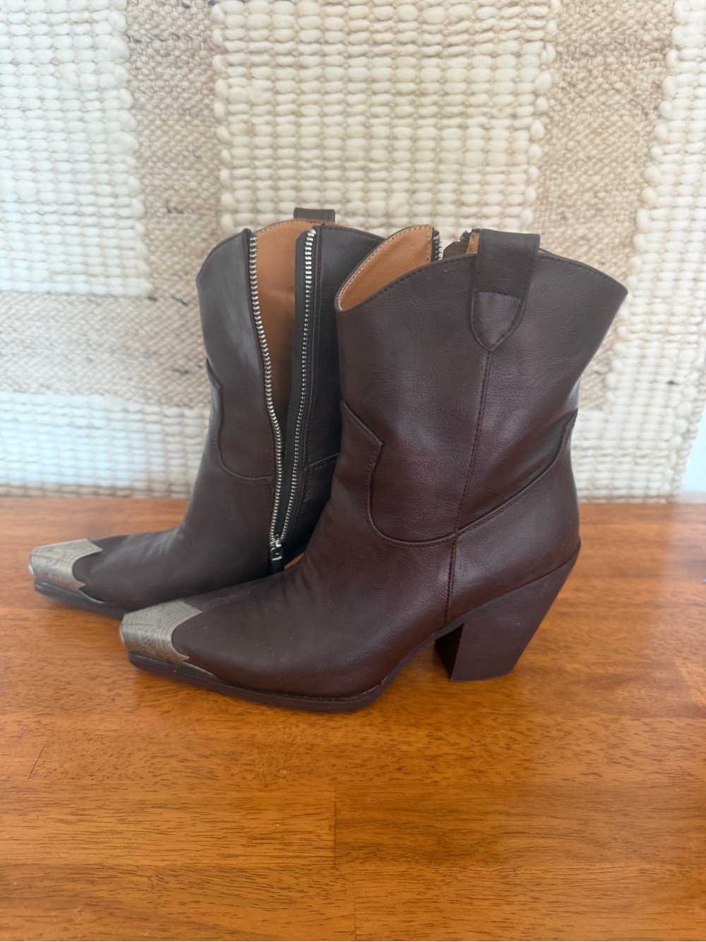 Women's Brown Leather Western Ankle Boots with Metal Toe